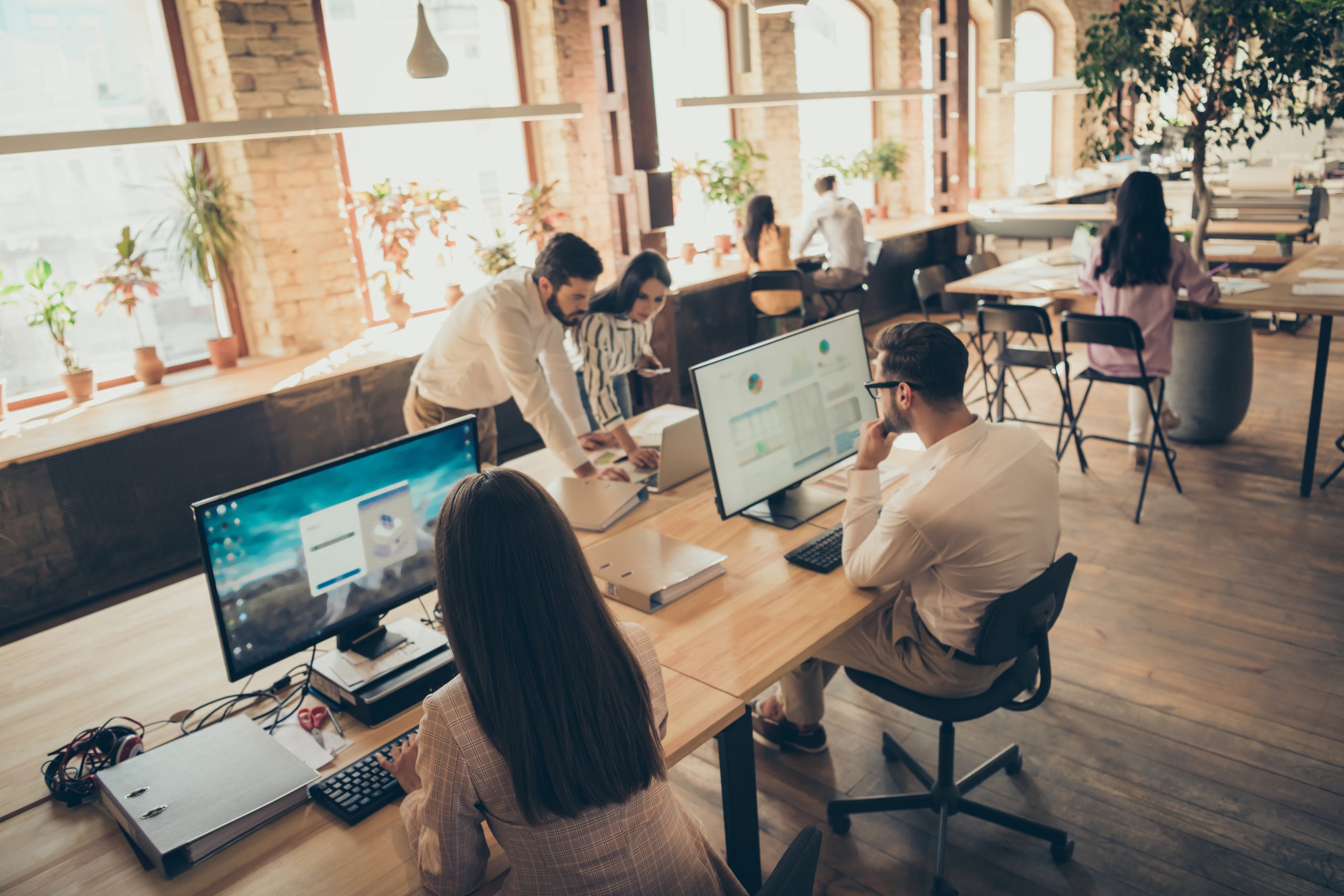 Nice attractive confident focused skilled people analyzing finance potential result investment money capital at modern industrial loft brick open space style interior workplace workstation