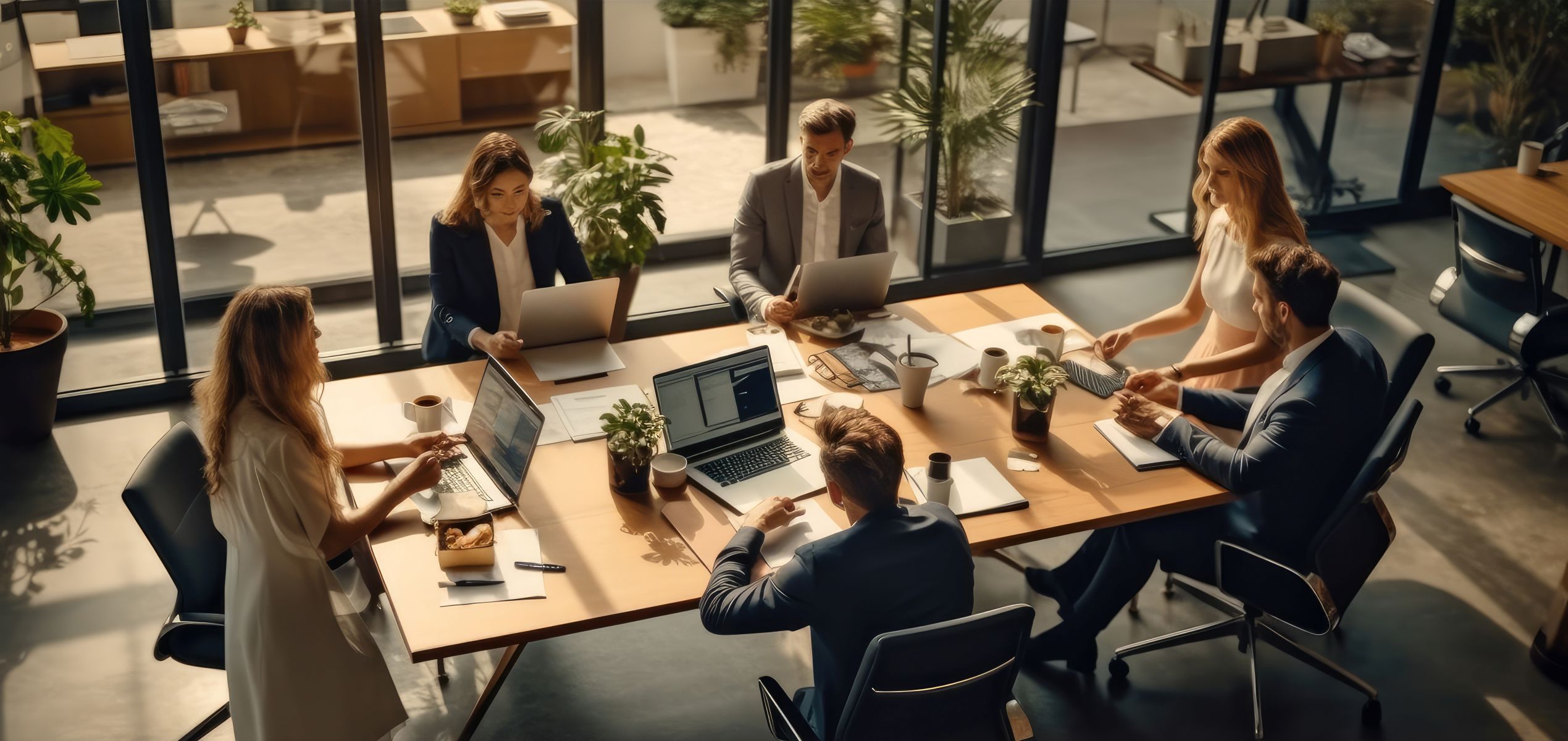 Team of professionals collaborating in a modern office on laptops and documents, discussing strategic technology decisions to drive business outcomes, agility, and governance